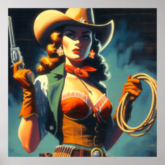 Vintage Cowgirl-Malerei Poster