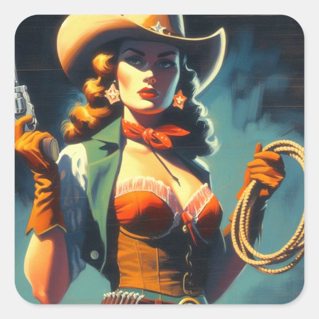 Vintage Cowgirl-Malerei Quadratischer Aufkleber (Vorderseite)
