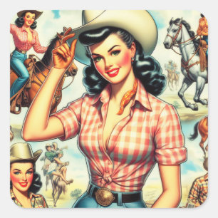 Vintage-Cowgirl-nahtlose Illustration Quadratischer Aufkleber
