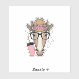 Vintage-Cowgirl-Pferd mit Blumen und rosa Getränk Aufkleber