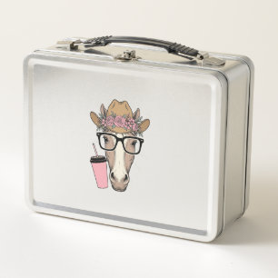 Vintage-Cowgirl Pferd mit Blumen und rosa Getränk Metall Brotdose