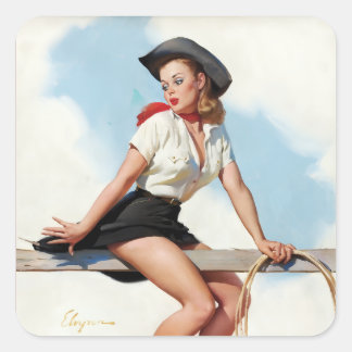 Vintage-Cowgirl-Pin-Up-Girl-Kunst Retro Western Quadratischer Aufkleber