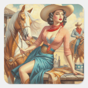 Vintage-Cowgirl Quadratischer Aufkleber