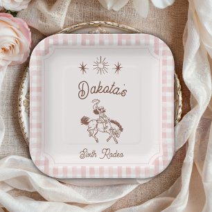 Vintage Cowgirl Rodeo Rosa Gingham Mädchen Geburts Pappteller