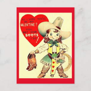 Vintage Cowgirl & Stiefel Valentinstag 1950er Postkarte