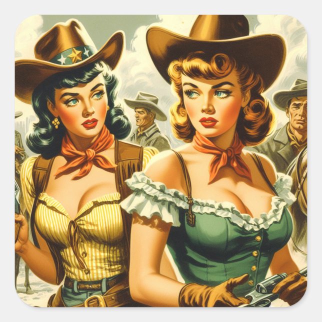 Vintage Cowgirls für Button Quadratischer Aufkleber (Vorderseite)
