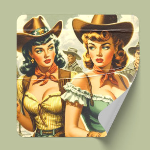 Vintage Cowgirls für Button Quadratischer Aufkleber