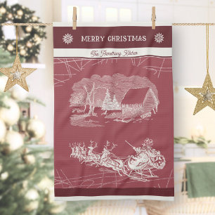 Vintage Cranberry-Rot Weihnachtsmann-Schlitten Wei Geschirrtuch