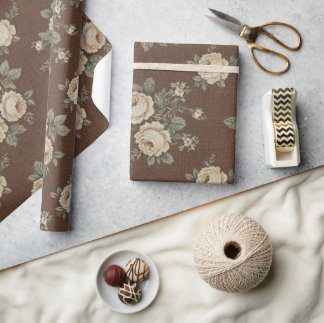 Vintage Cream Roses on Mocha Brown Pattern Geschenkpapier