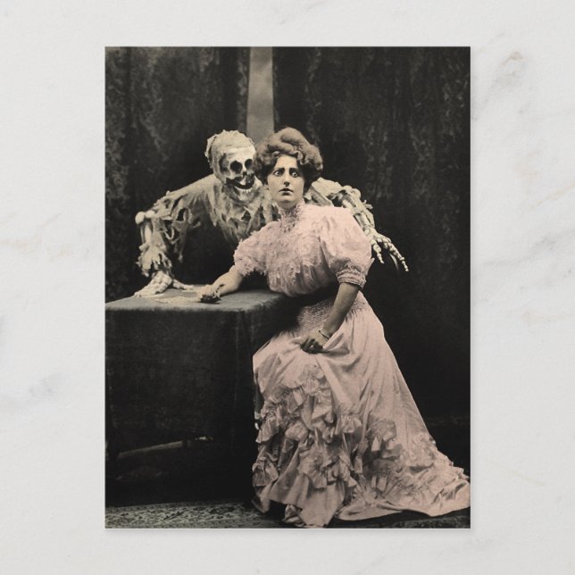 Vintage Creepy Skelettkarte Postkarte (Vorderseite)