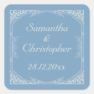 Vintage Creme-Blumenrahmen auf blaue Hochzeit in d Quadratischer Aufkleber