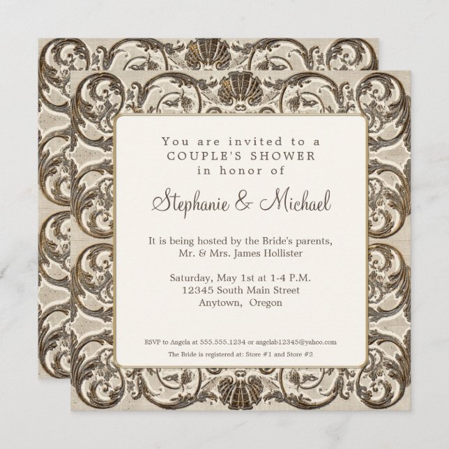 Vintage Creme in Gold Muschel Paare Dusche Einladung (Vorne/Hinten)