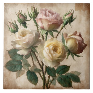 Vintage Creme und rosa Rose Bouquet Fliese