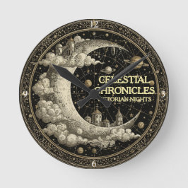 Vintage Crescent Moon with Clouds. Retro Victorian Runde Wanduhr