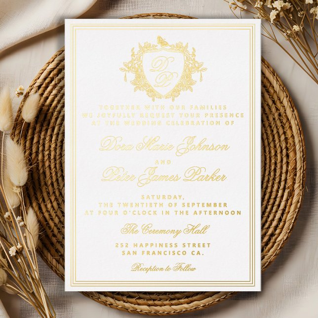 Vintage crest gold foil monogram wedding folieneinladung (Von Creator hochgeladen)