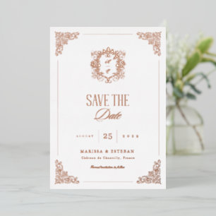 Vintage-Crest-Monogramm Roségold Save-the-Date-Kar Folieneinladung