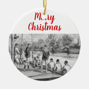 Vintage-Crew-Ruderer im Boot am Dock Keramik Ornament