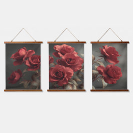 Vintage Crimson Roses Triptych - Moody Botanical Wandteppich Mit Holzrahmen
