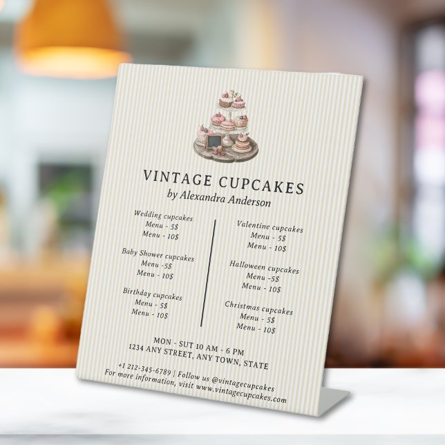 Vintage Cupcakes Retro Bäckerei Konditorei Nachspe Sockelschild (Vintage Cupcakes Retro Bakery Pastry Dessert Price Pedestal Sign)
