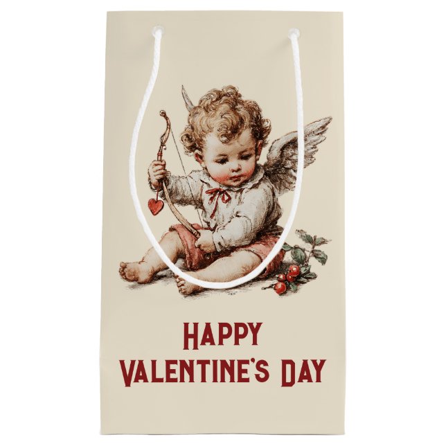 Vintage Cupid mit Herz-Bogen Kleine Geschenktüte (Vorderseite)