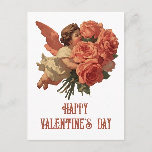 Vintage Cupid with Rose Bouquet Postkarte (Vorderseite)