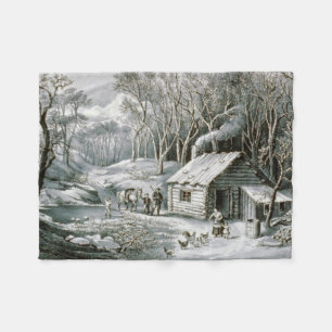 Vintage Currier & Ives Log Cabin Holiday Weihnacht Fleecedecke
