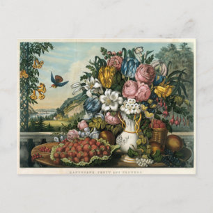 Vintage Currier & Ives Obst- und Blumenlandschaft Postkarte