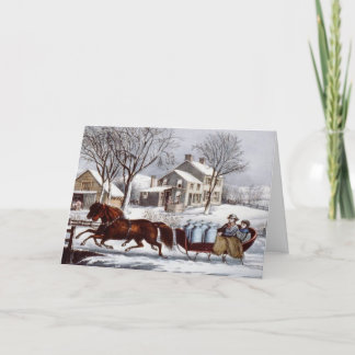 Vintage Currier & Ives Winter Schlittelbahn Feiertagskarte