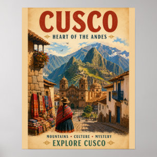 Vintage-Cusco-Peru-Reiseposter mit andinem Berg Poster