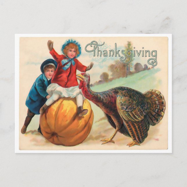 Vintage Custom Turkey Pumpkin Herbst Erntedank Postkarte (Vorderseite)