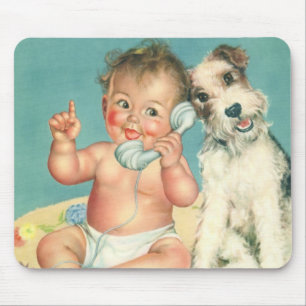 Vintage Cute Baby Talking on Phone Puppy Dog Mousepad