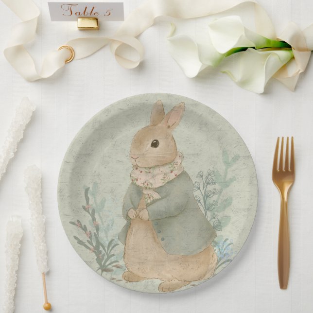  vintage cute bunny with flowers Paper Plate Pappteller (Hochzeit)
