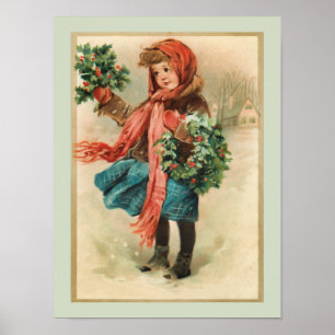 Vintage Cute Christmas Girl with Holly Wreaths Poster