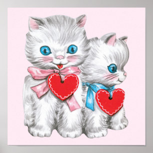 Vintage Cute Valentine's Day Cats, Retro Kitten Poster