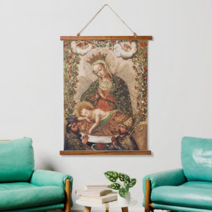 Vintage Cuzco-Schule Madonna bei der Anbetung des Wandteppich Mit Holzrahmen