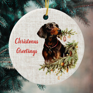 Vintage-Dachshund-Hund-rustikale Weihnachtsgrüße Keramik Ornament
