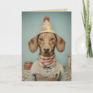 Vintage-Dachshund-Porträt mit Partyhut Karte
