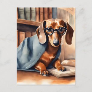 Vintage Dackel in der alten Bibliothek Postkarte