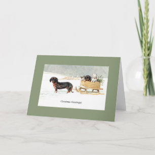 Vintage Dackel Welpen & Kätzchen Weihnachtskarte Feiertagskarte