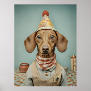 Vintage-Dackelporträt mit Partyhut Poster