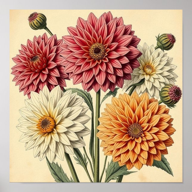 Vintage Dahlias on Weathered Paper Poster (Vorne)