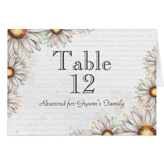 Vintage Daisies & Writing Wedding Tischnummer (Vorderseite (Horizontal))