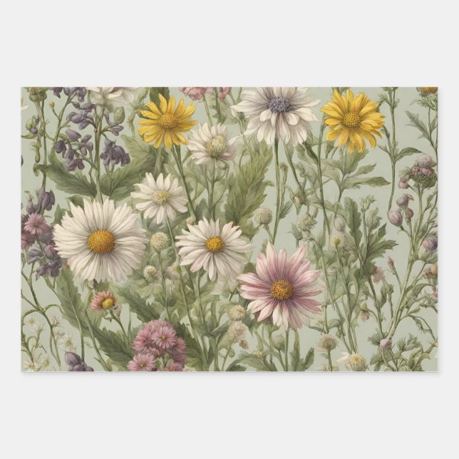 Vintage Daisy-Blume und Wildblumen Geschenkpapier Set (Vorderseite)