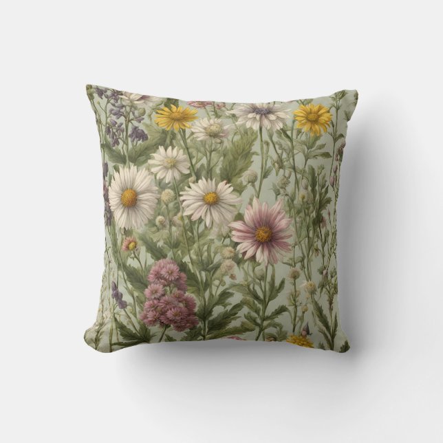 Vintage Daisy-Blume und Wildblumen Kissen (Vorderseite)