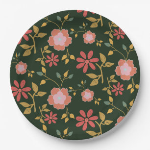 Vintage-Daisy-Blumenmuster Dunkelgrün Pappteller