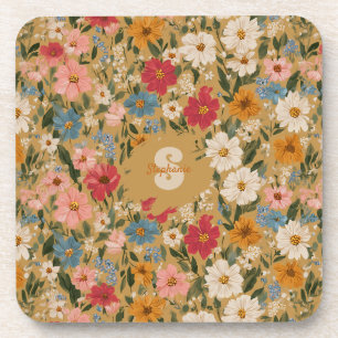Vintage Daisy Pattern - Mustard Getränkeuntersetzer