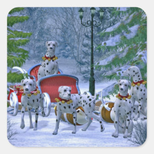 Vintage-Dalmatiner-Schlitten-Schnee-Weihnachten Quadratischer Aufkleber