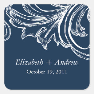 Vintage-Damask-Blatt-Hochzeitsaufkleber Navyblau Quadratischer Aufkleber