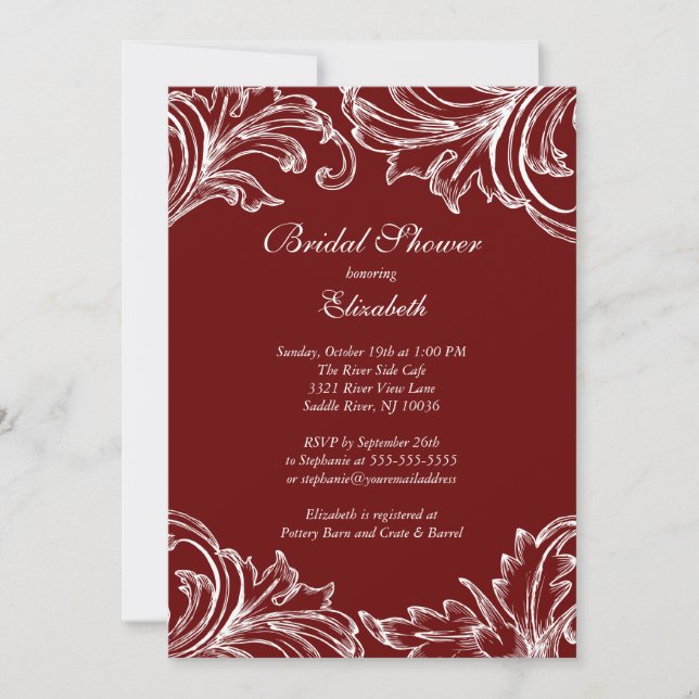 Vintage Damask Bridal Dusche Einladung Merlot (Vorderseite)
