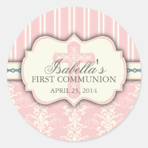 Vintage-Damask-Erstkommunion-Aufkleber Runder Aufkleber